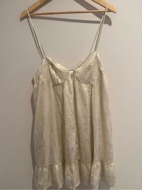 Storia Metallic Champagne Babydoll Mini Cocktail Dress Sweetheart Ruffle L NWT